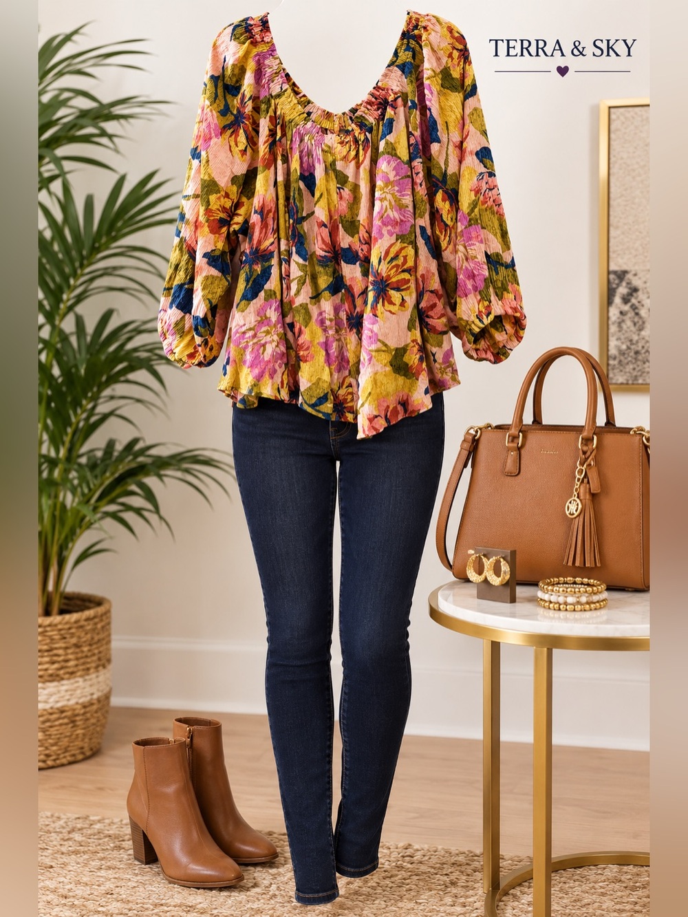 Terra & Sky | Floral Peasant Top in Pink & Green